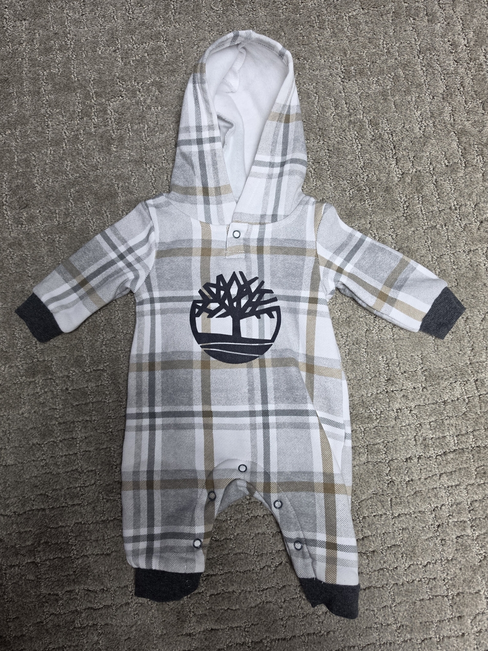 Plaid Timberland Hooded Baby One-Piece in White & Tan - Super Warm